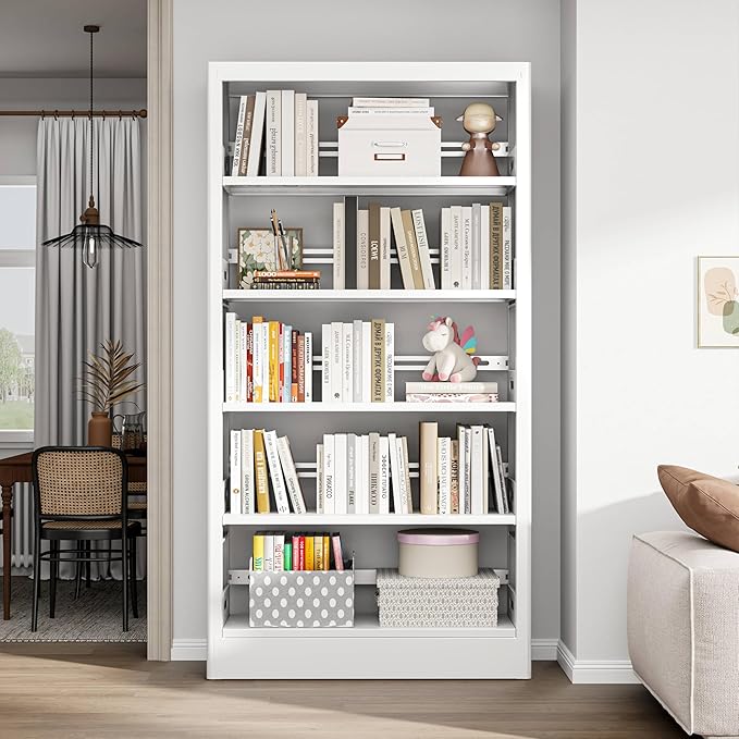 70.9" H Metal Bookshelf, Adjustable Bookcase, 5-Tier Heavy Duty Bookshelf with Bookend, Tall Bookshelves, Bookcase Shelf for Living Room, Office, Library,Classroom (White-37.4W)