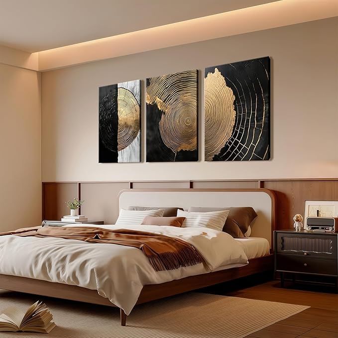 3Pcs Framed Minimalist Abstract Black Golden Canvas Wall Art Vintage Tree Ring Wall Decor Pictures Modern Rustic Posters Prints for Living Room Office Hallway Home Decoration 12x16in Ready to Hang