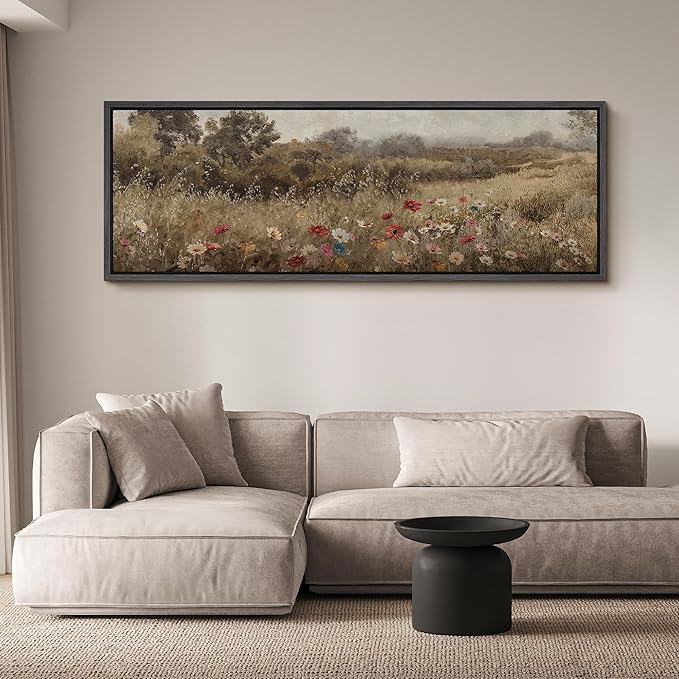 SIGNFORD Large Framed Canvas Wildflower Meadow in Soft Fog Vintage Nature Illustrations Modern Art Calm Warm for Living Room, Bedroom, Office - 60"x20"