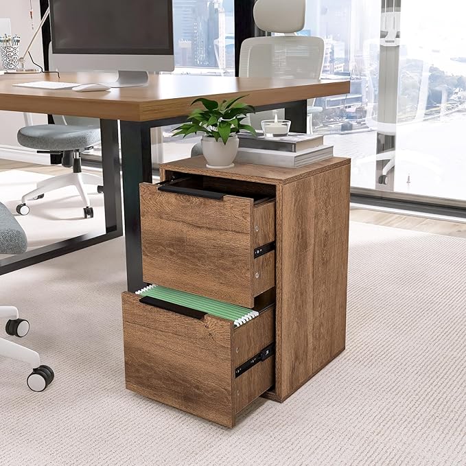 Wooden 2 Drawer File Cabinet, Wood Vertical Filing Cabinet Fits Hanging Files Letter Size for Home Office, Walnut