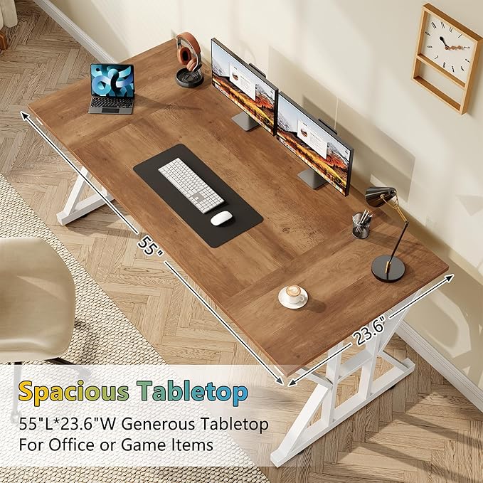 TVU Computer Desk, 55 inch Large Office Desk, Study Writing Table with Thicken Frame, Gaming Desk, Modern Simple Desk for Home Office, Brown