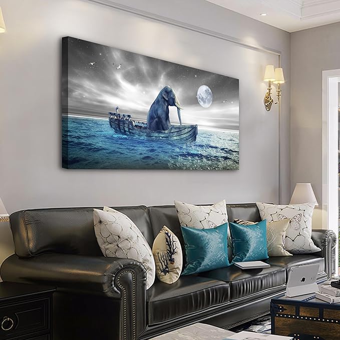 MHARTK66 Abstract Wall Art Large Size Elephant Artwork Wall Decor Stretched Canvas Painting Beach Picture for Living Room Bedroom Office Home Decor Ocean Seascape Poster Ready for Hanging 30"x60"