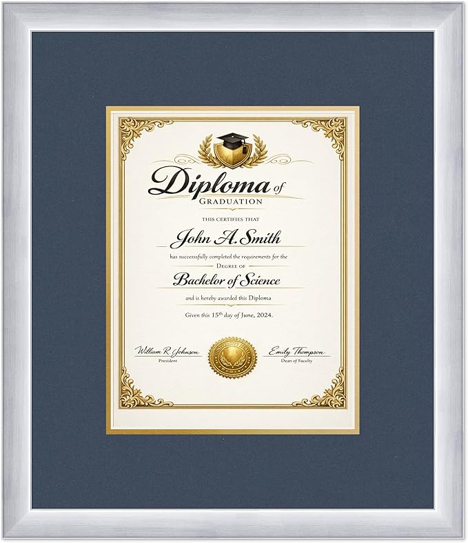 CountryArtHouse Diploma Frame Fits 8.5 x 11 Certificate (Portrait) - Keepsake Graduation Display Stainless Silver Genuine Hardwood with Navy Blue Over Metallic Gold Double mat