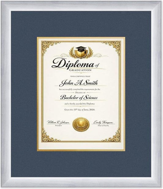 CountryArtHouse Diploma Frame Fits 8.5 x 11 Certificate (Portrait) - Keepsake Graduation Display Stainless Silver Genuine Hardwood with Navy Blue Over Metallic Gold Double mat