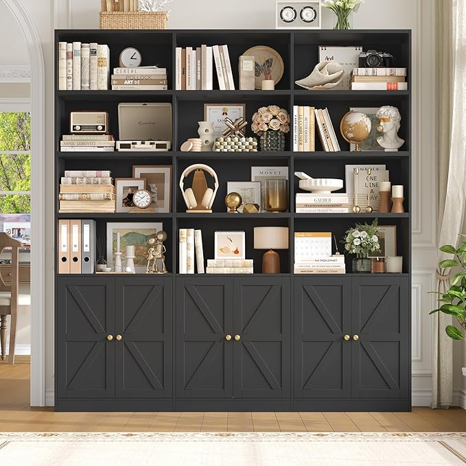 FACBOTALL 75" Triple Wide Bookshelf, Bookshelf and Bookcase with 6 Farmhouse Doors, 71" Wide 6 Tier Book Shelf with 18 Storage Shelves, Large Wooden Bookshelves, Tall Bookcase for Home Office, Black