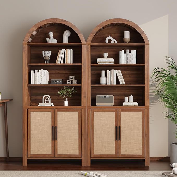 71" Tall Arched Bookcase with Storage, Mid-Century Modern 6-Tier Cabinet with Door, Arched Bookshelf Cabinet with Open Display Storage Shelf for Office Living Room (Walnut)
