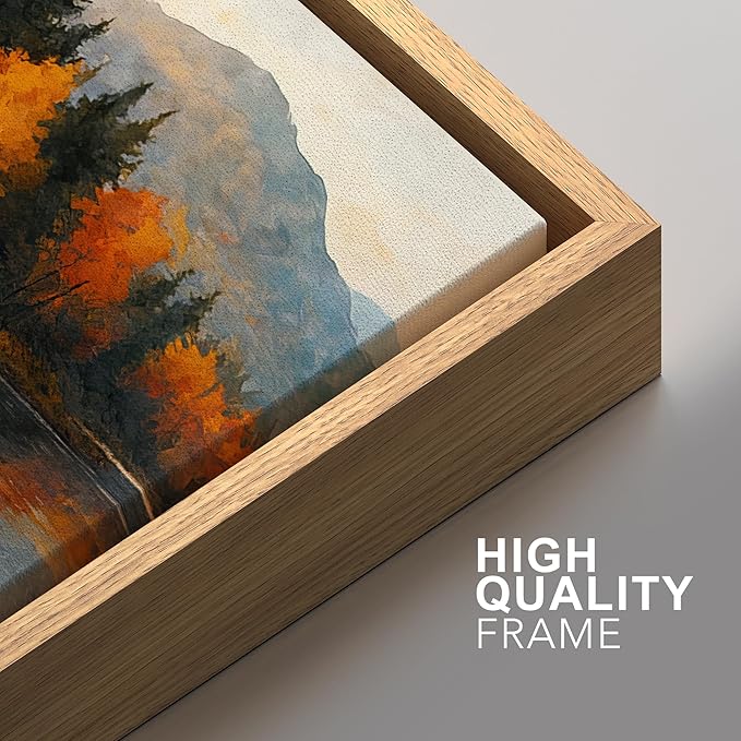 SIGNFORD Framed Wall Art Print Set Autumn Mountain Lake Vibrant Fall Forest Landscape Digital Art Modern Art Contemporary for Living Room, Bedroom, Office - 24"x36"x3 Natural