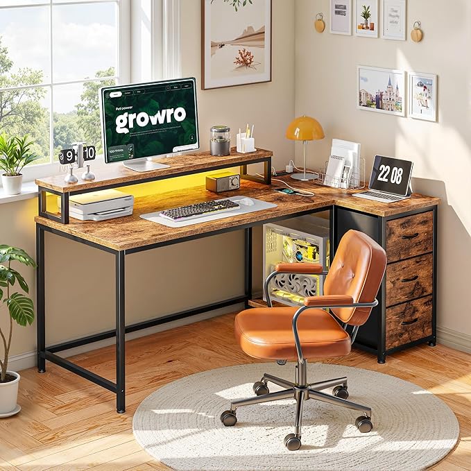EnHomee L Shaped Desk with 3 Drawers, 40 Inch Small Desk with Monitor Stand, Gaming Desk with Power Outlet, Computer Corner Desk with LED Lights for Gaming, Home Office, Study Room, Rustic Brown