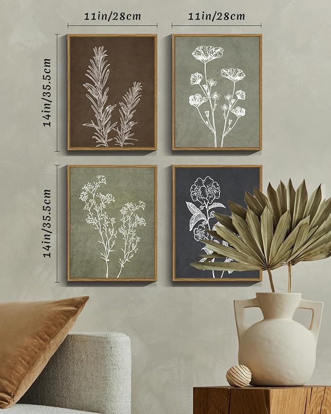 Drsoum Botanical Wall Art Framed Boho Wall Art Decor Wooded Vintage Print Modern Farmhouse Home Kitchen Decor 11x14inx4pcs