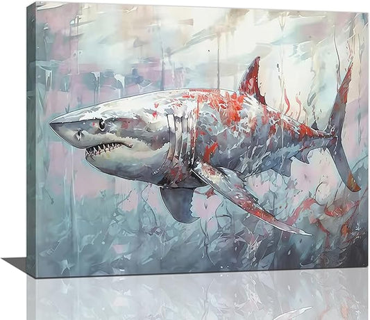 yerretin Ocean Shark Wall Art Nautical Shark Pictures Wall Decor Beach Coastal Undersea Canvas Painting Modern Artwork Home Decorations for Bathroom Bedroom Living Room Office Framed 20"x16"
