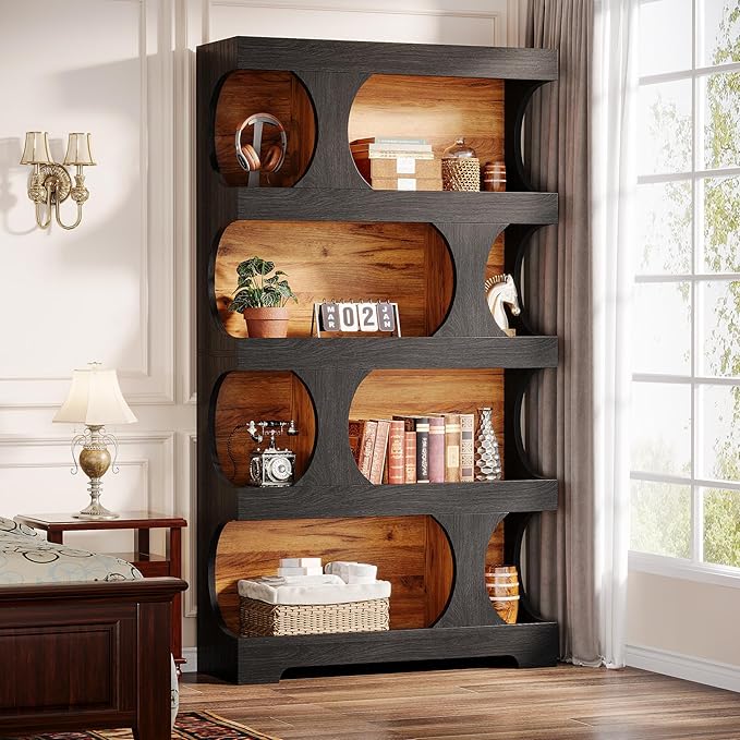 Tribesigns 71" Tall Black Bookcase Set of 2, Modern Asymmetrical Bookshelf, 4-Tier Freestanding Display Shelf with Classic Shape, Large Library Book Shelf for Living Room, Home Office