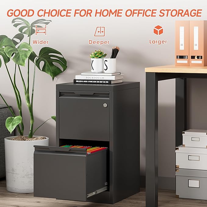 2 Drawer File Cabinet with Lock,Black Metal Filing Cabinets,Steel Vertical Fit Hanging Files, Letter,File Box and A4 Documents-Assembly Require