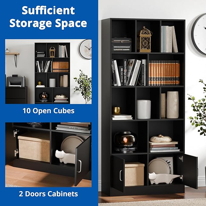 Cozy Castle 70" Tall Black Bookshelf with 12 Cubes and 2 Doors, 4-Tier Open Shelf Bookcase with Cabinet, Modern Cube Storage Organizer for Living Room, and Office