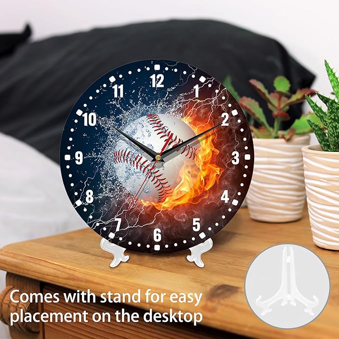 SPUNKER Wall Clocks,Baseball Wall Clocks,USA Sport Fire Water Battery Operated Wall Clock Silent Non-Ticking Decorative for Home Kitchen Bathroom Living Room Bedroom Office 10 Inch