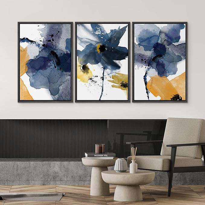 SIGNWIN Framed Canvas Wall Art Blue and Orange Blossoms Botanical Flower Watercolor Modern Art Tropical Relax/Calm for Living Room, Bedroom, Office - 16"x24"x3 Black
