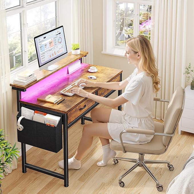 Gaming Desk with LED Lights with 2 Drawers, 31.5 Inch Desk Home Office Desk Computer Desk with Side Pocket & Ergonomic Monitor Stand, Small Space Study Writing Table with Anti-Tip Design, Rustic Brown