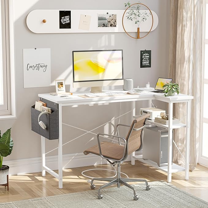 TIQLAB L Shaped Computer Desk with Power Outlets, 47 Inch Small Corner Desk with Reversible Shelves, Gaming Desk Computer Table Study Writing Desk for Home Office Small Space, White