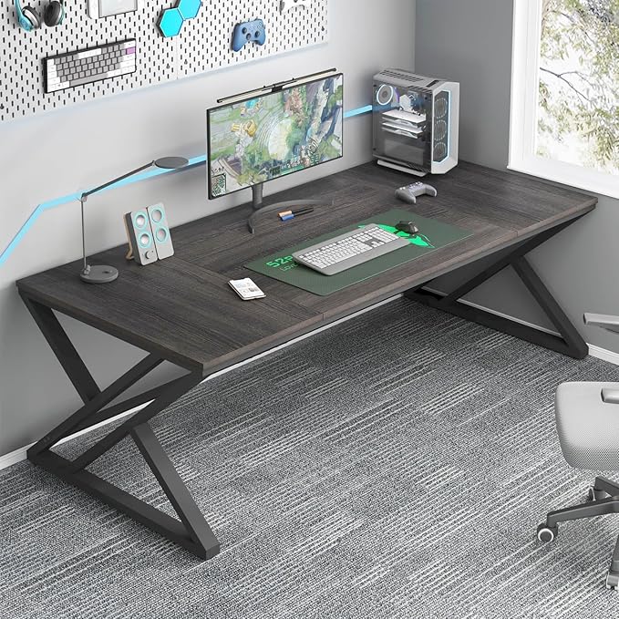 HSH Large Rustic Computer Desk, Industrial Extra Long Home Office Desk, Modern Pc Study Gaming Writing Table for Two Person, Workstation Executive Desk for Home Bedroom Living Room, Dark Gray, 70 Inch