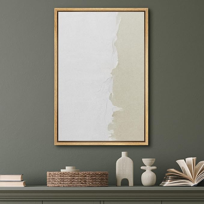 SIGNFORD Framed Canvas Print Wall Art Duotone White Tan Grunge Paint Stroke Abstract Shapes Illustrations Modern Art Decorative Boho Relax/Zen Nordic for Living Room, Bedroom, Office - 24"x36" NATURAL