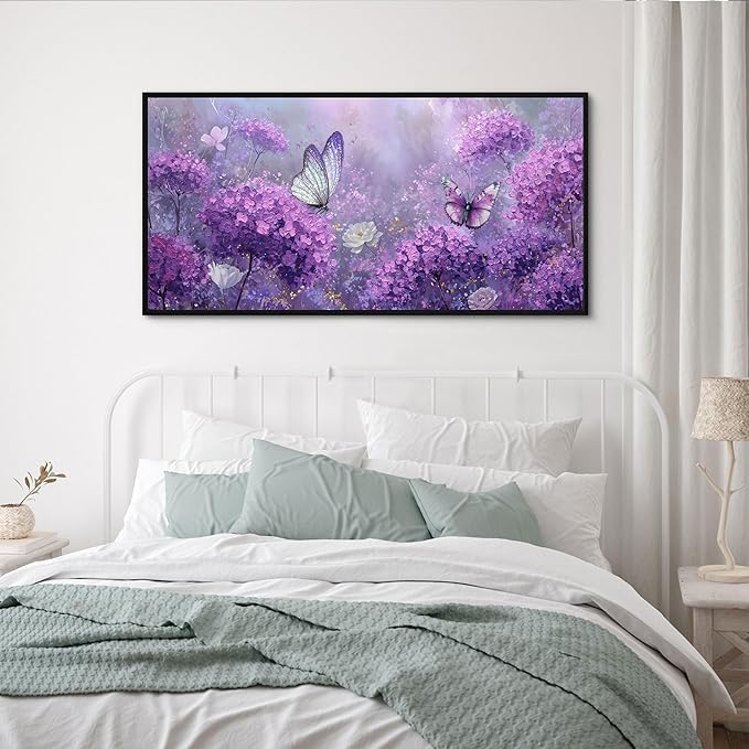 yiijeah Purple Wall Art Bedroom Canvas Lavender Bathroom Decor Butterfly Picture Items for Women Framed Artwork Print 48x24 Inches