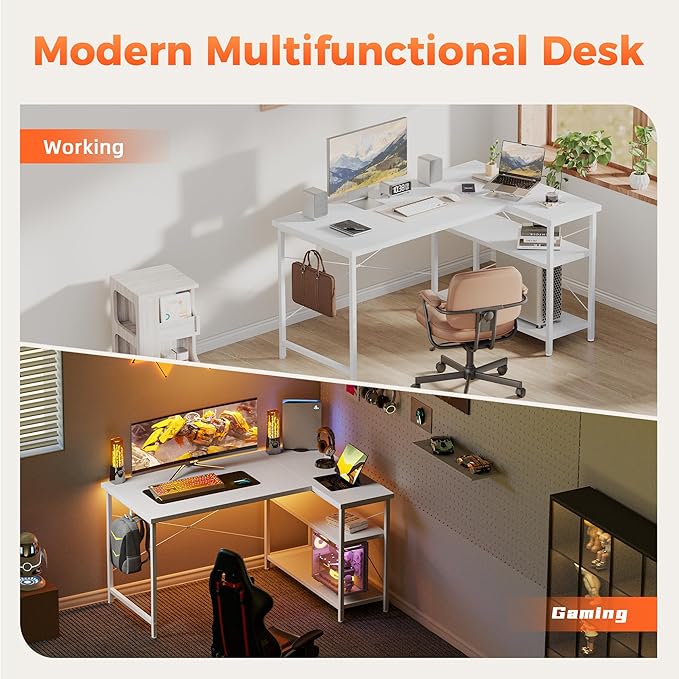 Mericonia Small L Shaped Computer Desk, Reversible Gaming Desk with Storage Shelves, Corner Gamer Desk Table, Study Writing Table