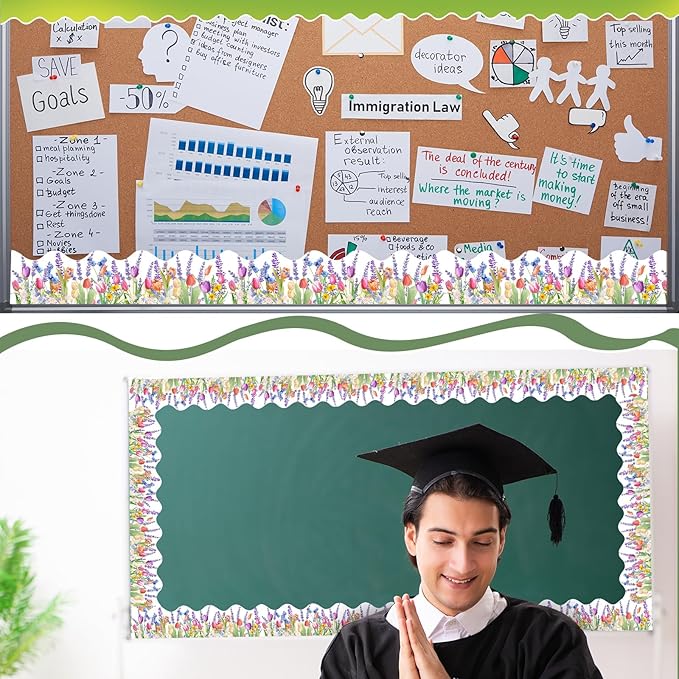 Jexine 68.9 Feet Spring Flower Bulletin Board Borders Floral Classroom Scalloped Rolled Border Trim with Tulip Lavender Patterns Bulletin Boards Decorations for School Classroom School Whiteboard Wall