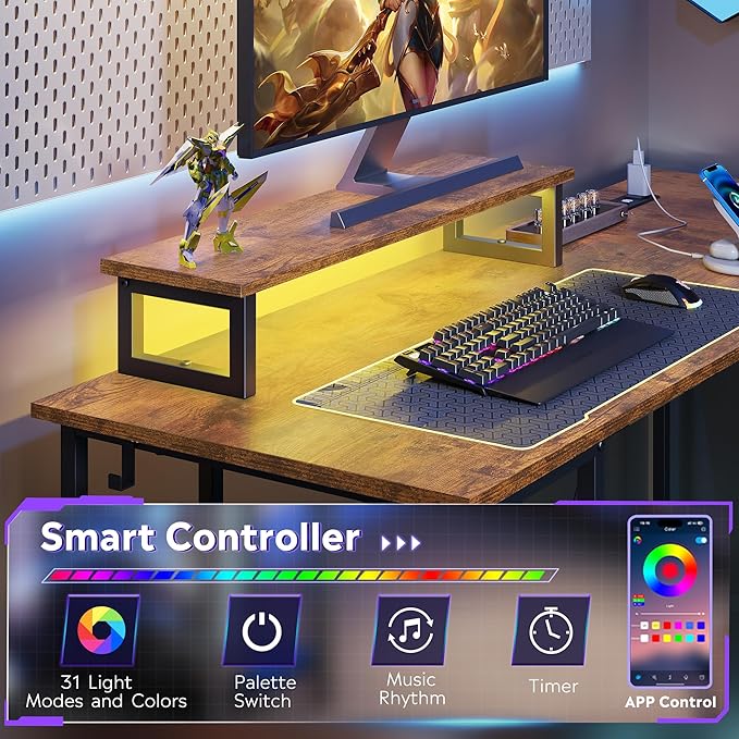 DEVAISE 55 Inch L Shaped Gaming Desk with LED Lights & Power Outlets, Corner Desk for Small Spaces, Sturdy PC Computer Table with Storage for Home Office, Rustic Brown