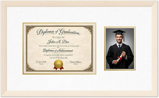 Diploma Frame With Photo Opening Coastal Whitewash Oyster Shell Over Gold Mat - Fits 11.69 x 8.27 Degree and Picture Made in the USA