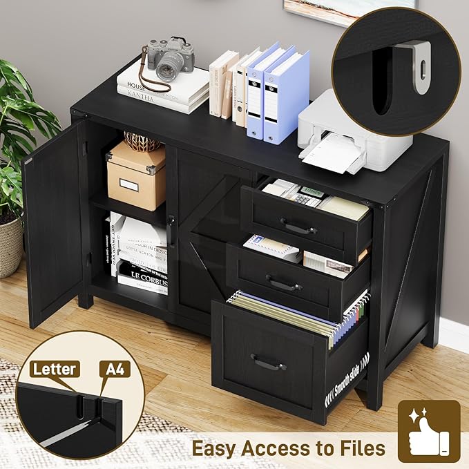 Farmhouse File Cabinet with Doors, Lateral Filing Cabinet with 3 Drawers for Letter/A4 Size Hanging Files, Large Wooden Storage Cabinet with Adjustable Shelves for Home Office, Black