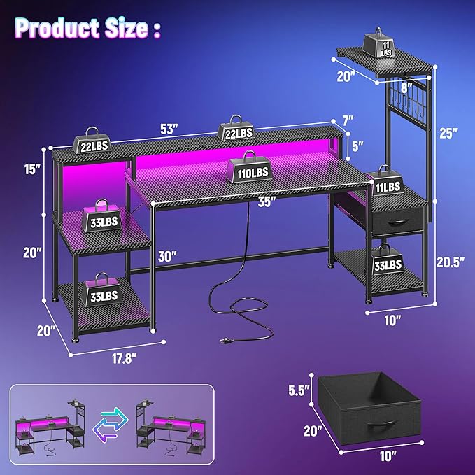 63" Gaming Desk with LED Lights & Outlets,Computer Desk with Drawers & Monitor Stand,Gaming Table with Storage Shelves & Printer Space for Game Room,Study Room,Home Office,Bedroom,Black