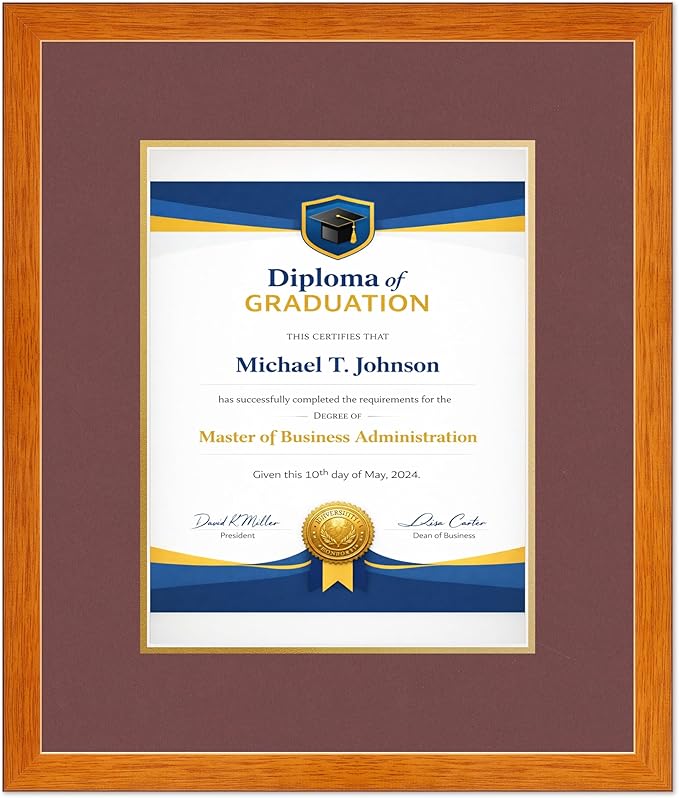 Diploma Frame Honey Oak with Dark Red Over Gold Double Mat - Fits 10 x 13 College Diploma (Portrait Traditional) Wall Display Made in the USA