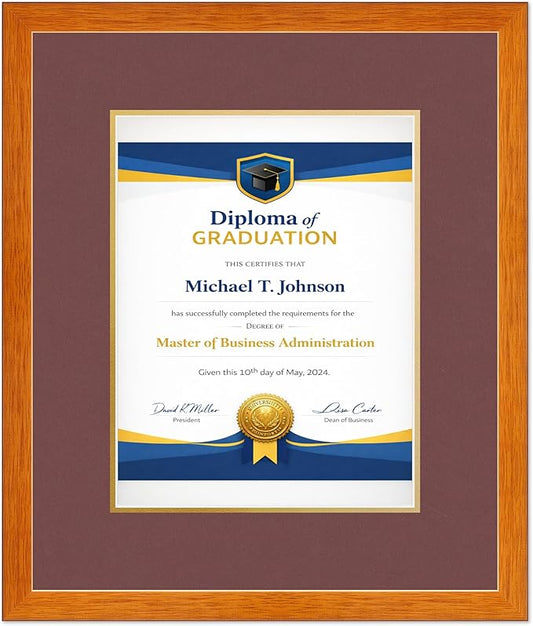 Diploma Frame Honey Oak with Dark Red Over Gold Double Mat - Fits 10 x 13 College Diploma (Portrait Traditional) Wall Display Made in the USA