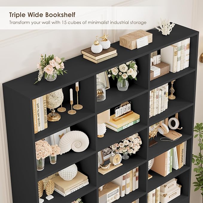 FACBOTALL 82.3" Triple Wide Bookshelf, 7-Tier Tall Bookcase with 15-Cube Open Bookshelf & 4 Doors, Large Bookshelf with Storage Cabinet, Modern Bookshelf for Living Room, Office, Study Room, Black