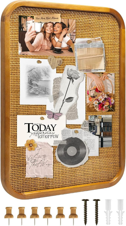 18" x 24" Bulletin Board, Round-Edged Rectangle Cork Board，Wooden Frame with Boho Style Rattan Wall Organizer,4560Teng