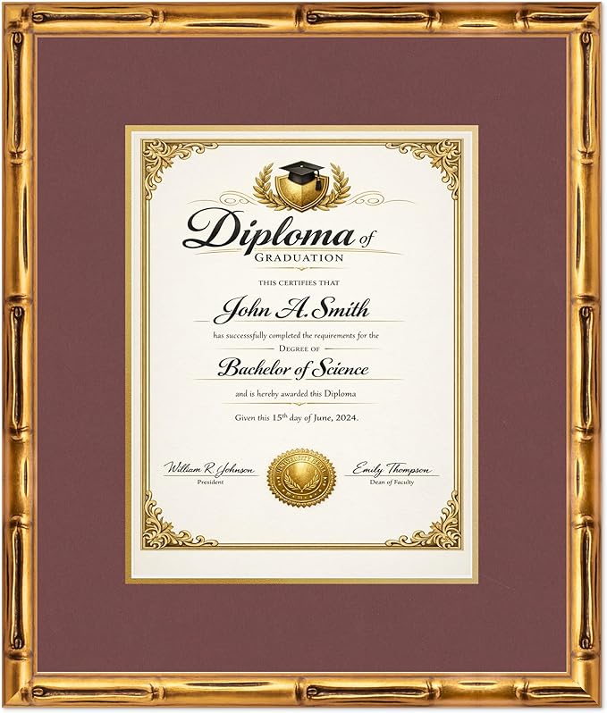 CountryArtHouse Diploma Frame Fits 10 x 13 College Diploma (Portrait Traditional) - Keepsake Graduation Di Gold Bamboo Genuine Hardwood with Dark Red Over Metallic Gold Double mat