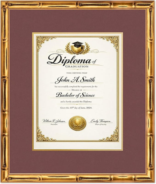 CountryArtHouse Diploma Frame Fits 10 x 13 College Diploma (Portrait Traditional) - Keepsake Graduation Di Gold Bamboo Genuine Hardwood with Dark Red Over Metallic Gold Double mat