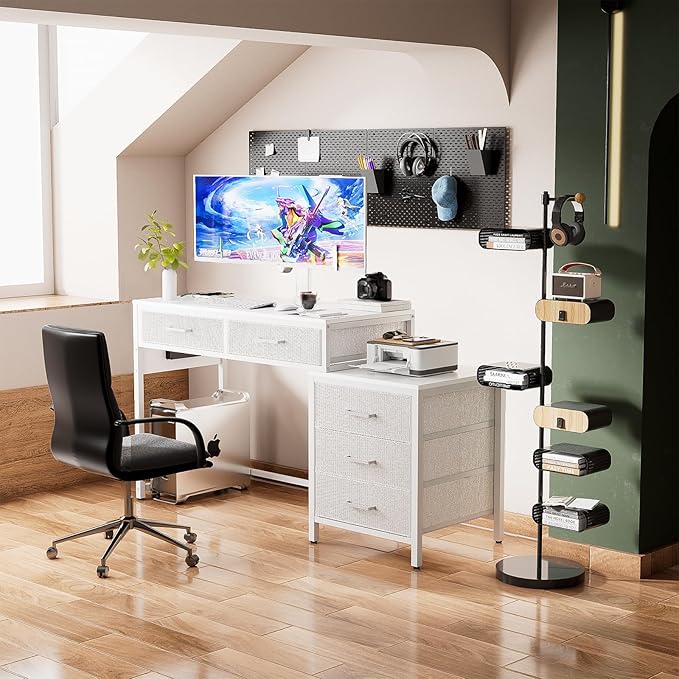 Unikito Reversible Computer Desk with 5 Drawers, Sturdy Office Desk with Power Outlets and USB Ports, Study Writing Table with File Cabinet & Printer Stand, Vanity Desk with Storage, White