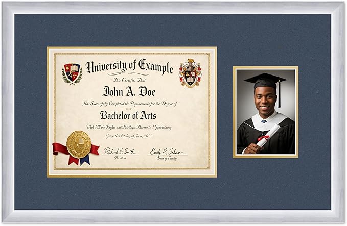 CountryArtHouse Fits 13 x 10 College Diploma (Traditional) and 5 x 7 Phot Diploma and Photo Frame Stainless Silver Genuine Hardwood with Navy Blue Over Metallic Gold Double mat