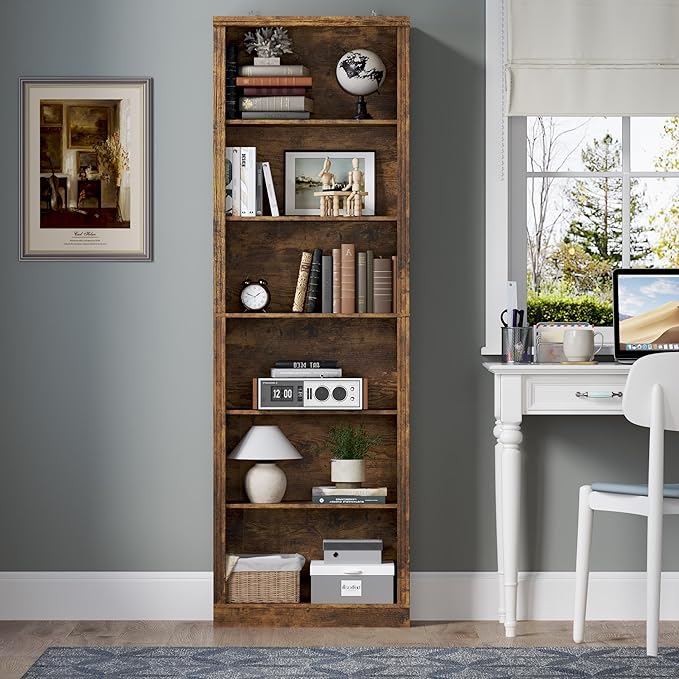 75" Tall Bookshelf, 6-Tier Floor Standing Bookcase with 2 Adjustable Shelves, 24" Wide Open Storage Shelf, Modern Display Organizer for Home Office, Living Room, Bedroom, Study