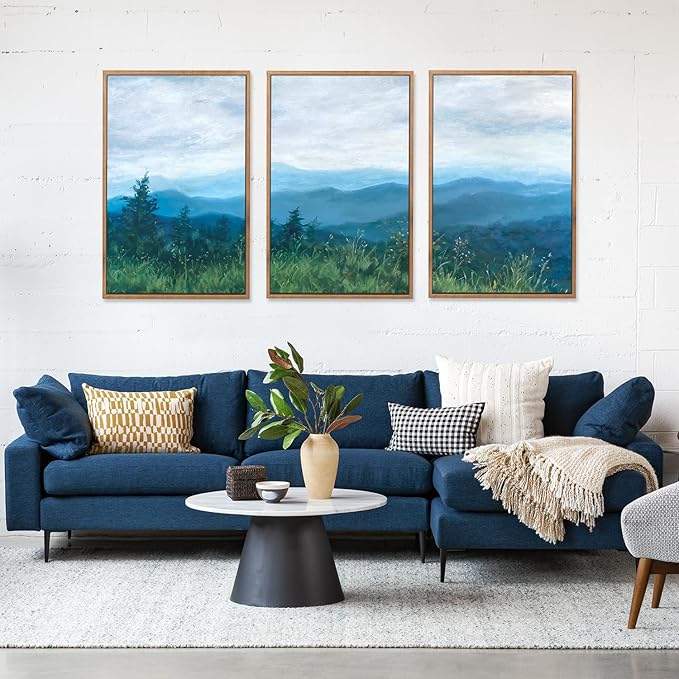 CHDITB Boho Blue Mountain Framed Wall Art Paintings(16"x24"), 3 Panels Blue White Sky Ridge Virginia Landscape Watercolor Canvas Artwork Printings, Large Modern Cloud Trees Nature Posters for Bedroom Living Room