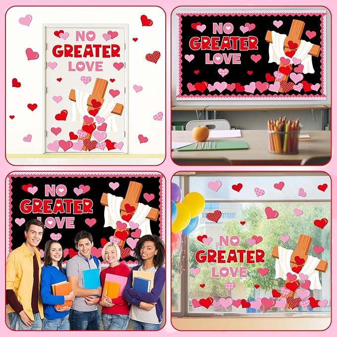 Valentines Day Bulletin Board Decorations Set NO Greater Love Religious Heart Paper Cutouts Classroom Decor for Christian Church School Wall Decoration Supplies