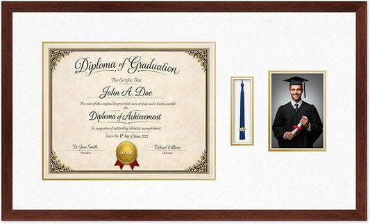 Diploma Tassel and Photo Frame Rustic Walnut Shadowbox Oyster Shell Over Gold Mat - Fits 15 x 12 Degree Picture Made in the USA