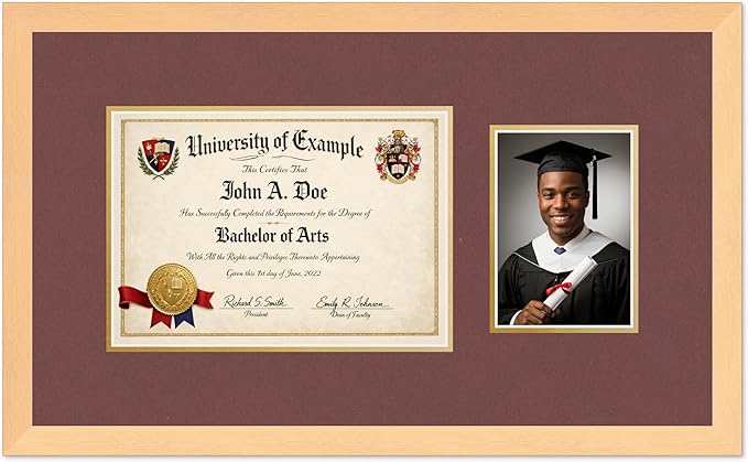 CountryArtHouse Fits 11.69 x 8.27 A4 Certificate and 5 x 7 Photo Diploma and Photo Frame Natural Wood Genuine Hardwood with Dark Red Over Metallic Gold Double mat