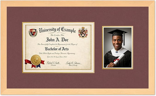 CountryArtHouse Fits 11.69 x 8.27 A4 Certificate and 5 x 7 Photo Diploma and Photo Frame Natural Wood Genuine Hardwood with Dark Red Over Metallic Gold Double mat