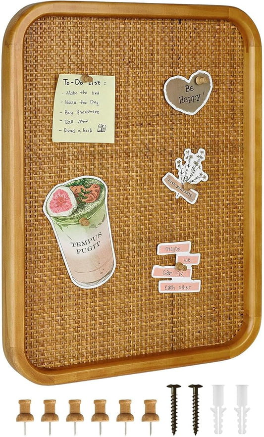 13" x 17" Bulletin Board, Round-Edged Rectangle Cork Board，Wooden Frame with Boho Style Rattan Wall Organizer,3343Teng