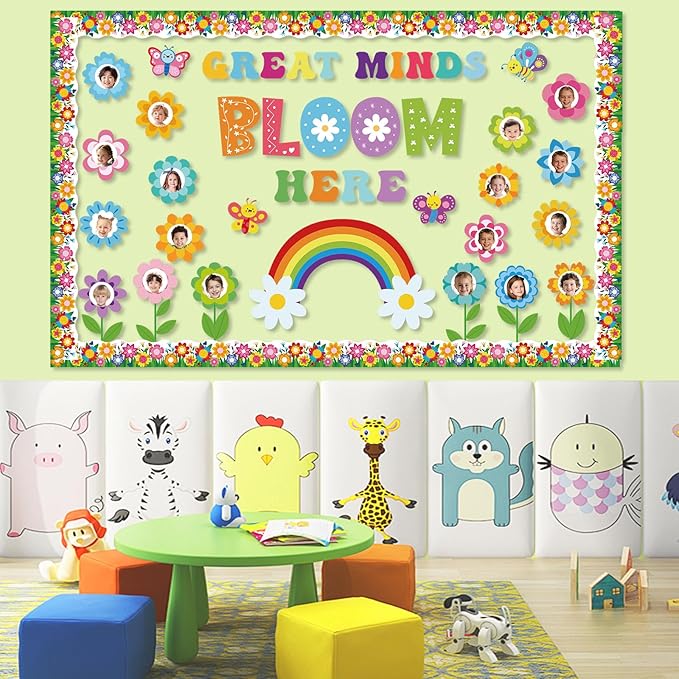 53Pcs Spring Bulletin Board Decorations Set, Great Minds Bloom Here Classroom Bulletin Board Decor, Spring Flower Bulletin Board Borders Decor for Classroom Elementary Back to School Office Wall Door