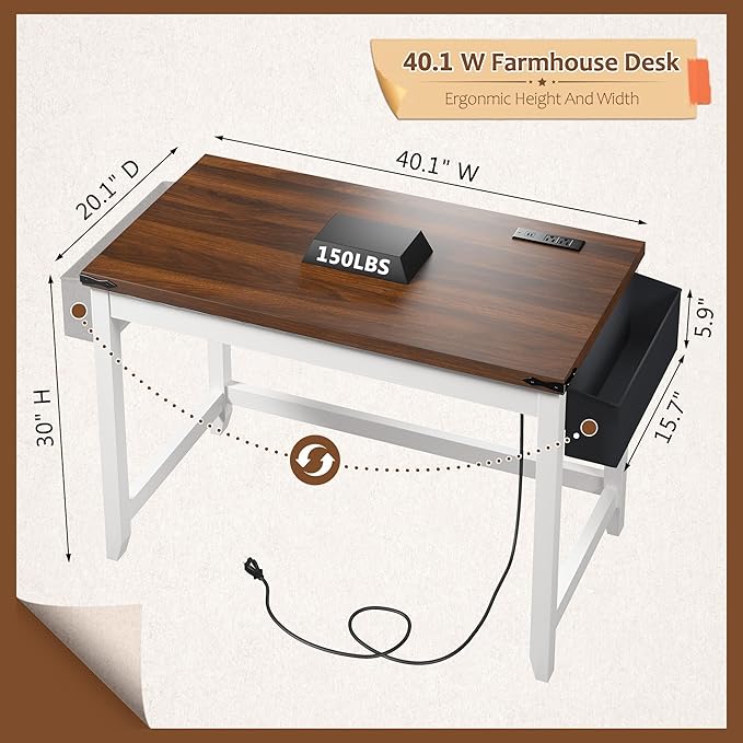 EnHomee 40 Inch Small Desk with Storage Bag Detachable, Gaming Desk with Power Outlet, Modern Simple Home Office Desk and Writing Desk for Small Spaces, Study Desk for Bedroom, Brown & White