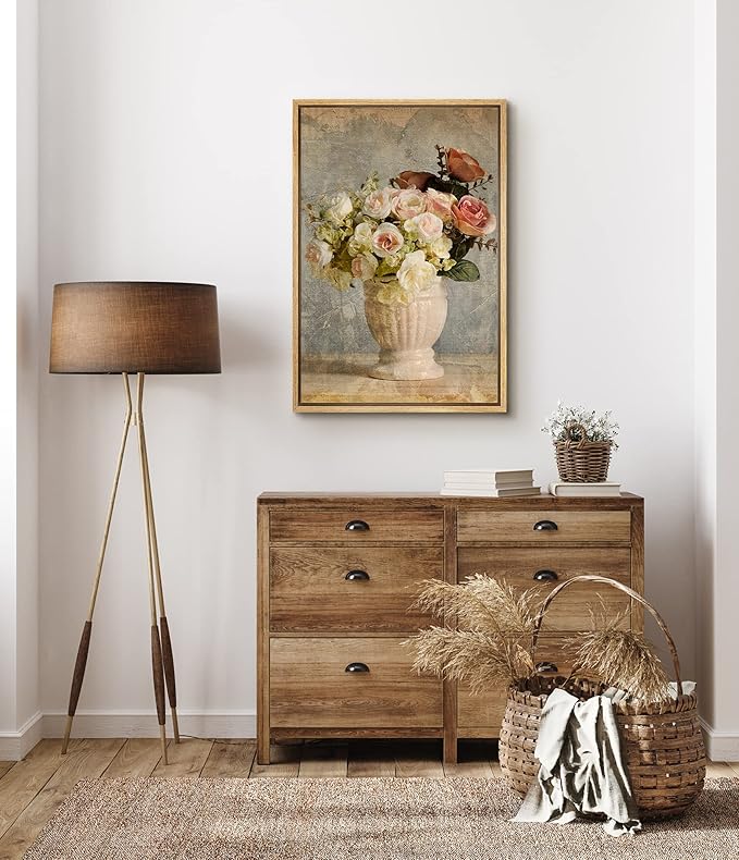 SIGNFORD Canvas Print Wall Art Vintage Pink & White Roses in Vase Floral Plants Photography Modern Art Rustic Colorful Multicolor Warm for Living Room, Bedroom, Office - 24"x36" Natural