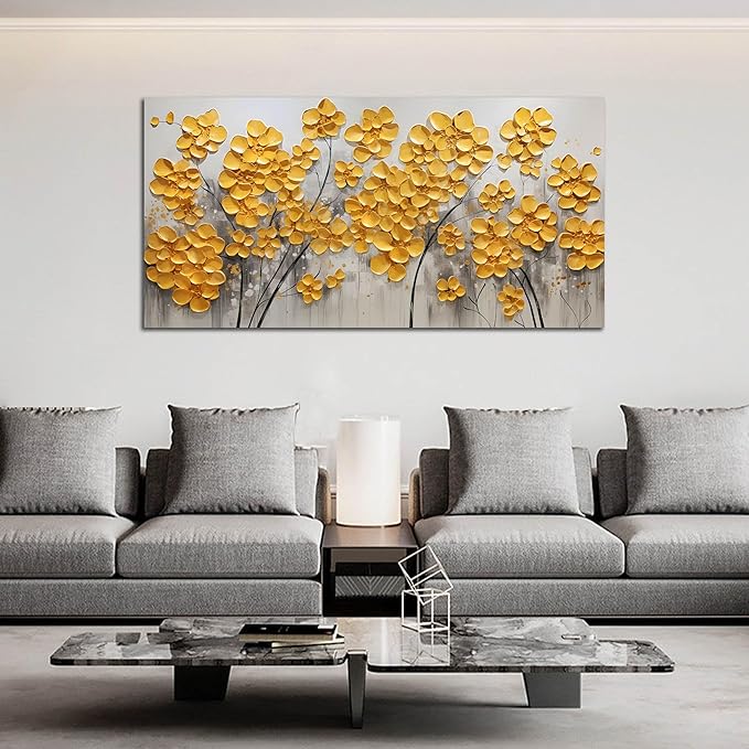 SKYRISE Abstract Gold Yellow Floral/Flower Wall Art Decor for Living Room, Modern Canvas Art Decorative-Picture Print Artwork for Bedroom Office, Size 48x24 Inches