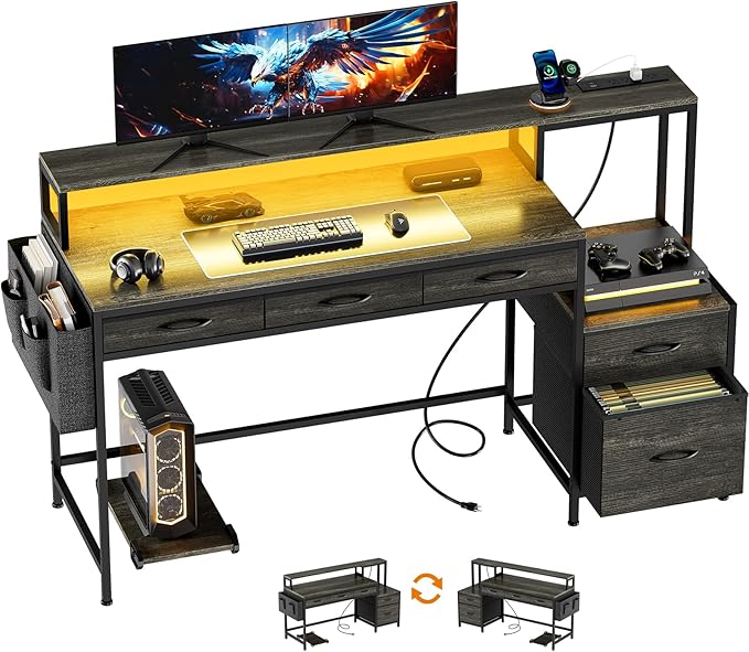 REAHOME 61 Inch Gaming Desk with Charging Station and LED Lights, Reversible Computer Desk with Storage Drawer and Monitor Stand, Modern Desk Table with File Cabinet & Side Pocket, Grey Oak
